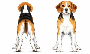 Beagle with poor front and rear alignment showing structural faults from judge perspective