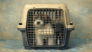 Show dog resting calmly in crate to manage energy before entering the conformation ring