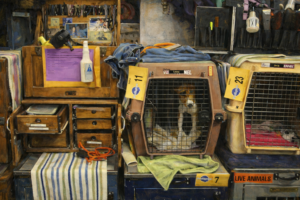 Crowded dog show setup with crated dogs illustrating poor energy management before entering the ring