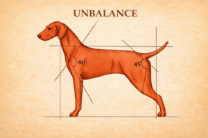 Comparison of balanced and unbalanced dog movement showing mismatched front and rear angulation affecting efficiency and gait