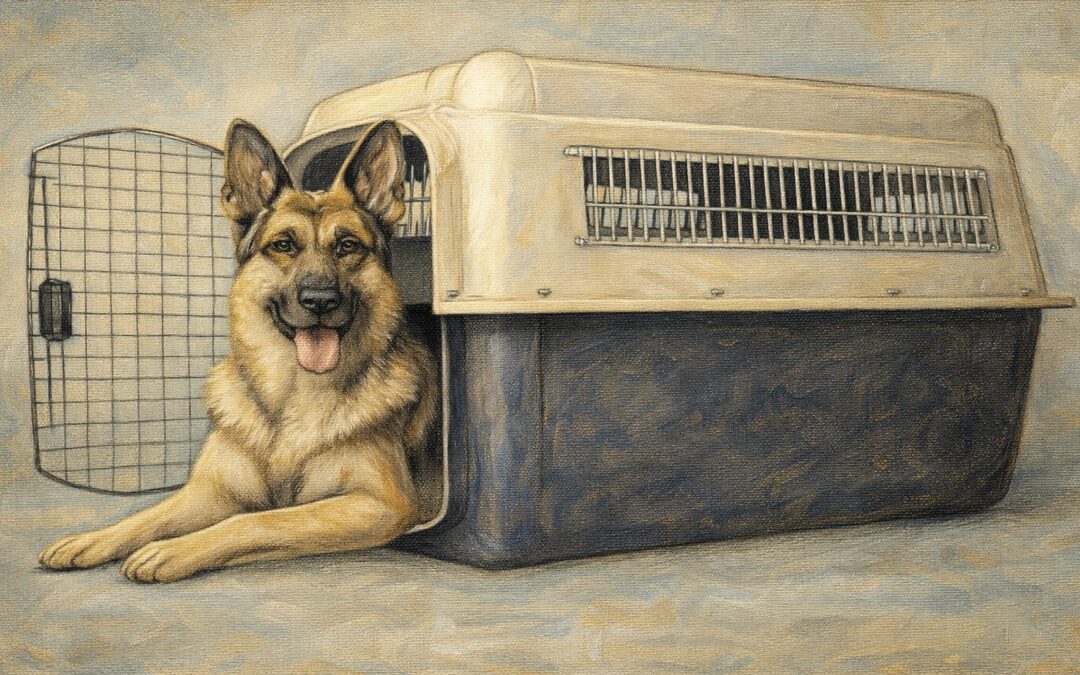 Dog relaxed in crate demonstrating proper energy management before entering the show ring