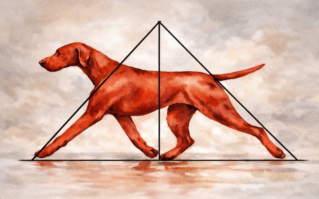 Balanced show dog movement illustrating reach and drive at the trot